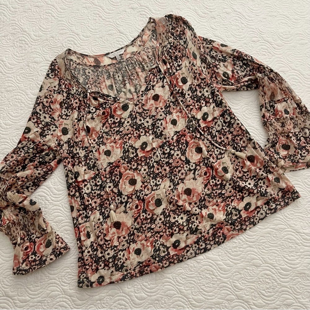 Lucky Brand Womenβs Tie Front Boho Peasant Long Sleeve Blouse Sz L - Picture 4 of 15